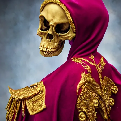 Image similar to photorealistic still portrait photograph of ainz looking at the camera, overlord, regal purple gold robe, large red shoulder rubies, depth of field, soft focus, highly detailed, intricate, realistic, national geographic cover, textured detailed skeleton, professional archeological photograph