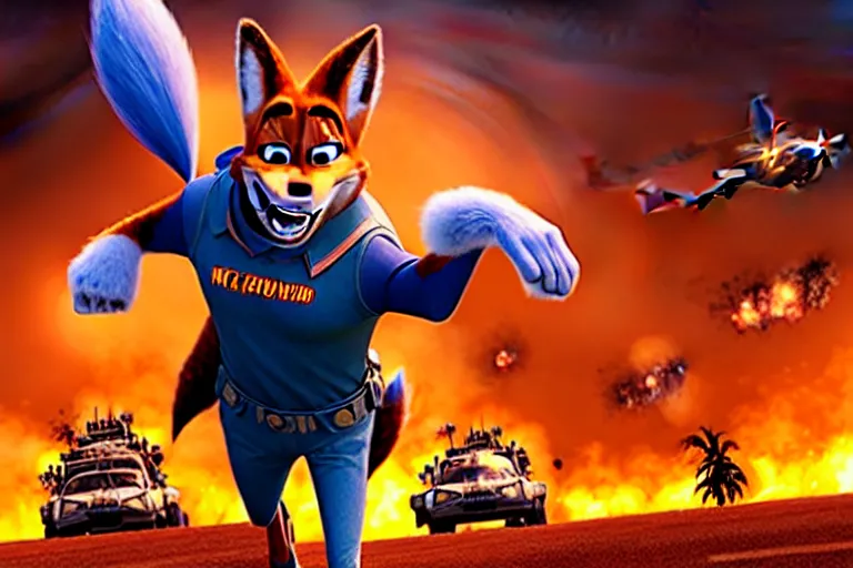 Image similar to nick wilde ( from zootopia ), heavily armed and armored facing down armageddon in a dark and gritty reboot from the makers of mad max : fury road