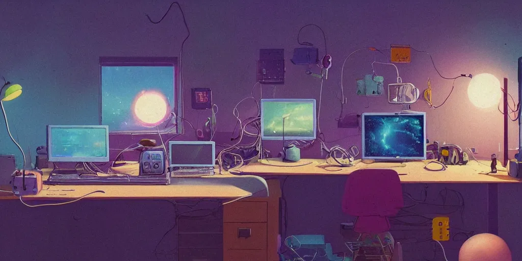 Image similar to cozy 9 0 s bedroom retrofuturism, cluttered, wires everywhere, computer, window, night - time, lit only by the luminescent computer screen, detailed by simon stalenhag