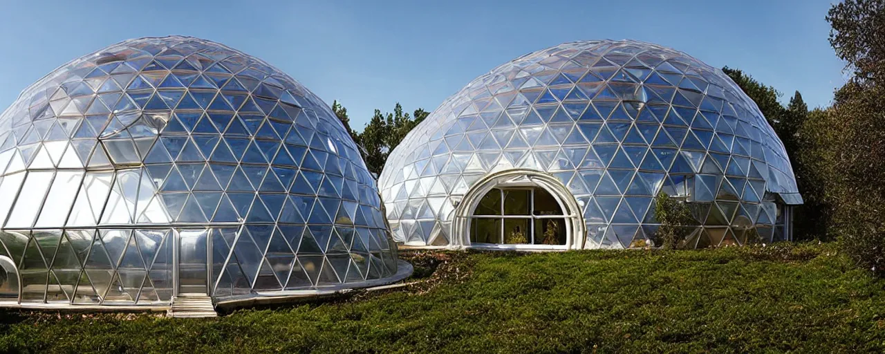 Image similar to dome house by kristoffer tejlgaard syd mead buckminster fuller zaha hadid, concept house, earthship, greenhouse, underground, optimus sun orientation, north hemisphere, spain, geodesic architecture, biodome, fuller