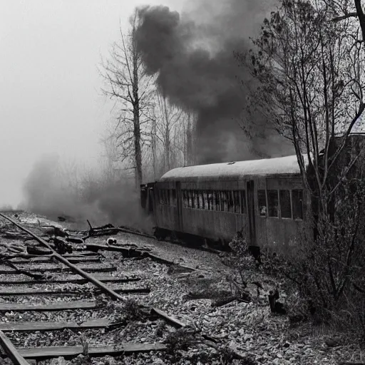 Prompt: trainwreck, boxcar destruction, atmospheric and depressed, post-apocalyptic, Cinematic, film still from a horror movie