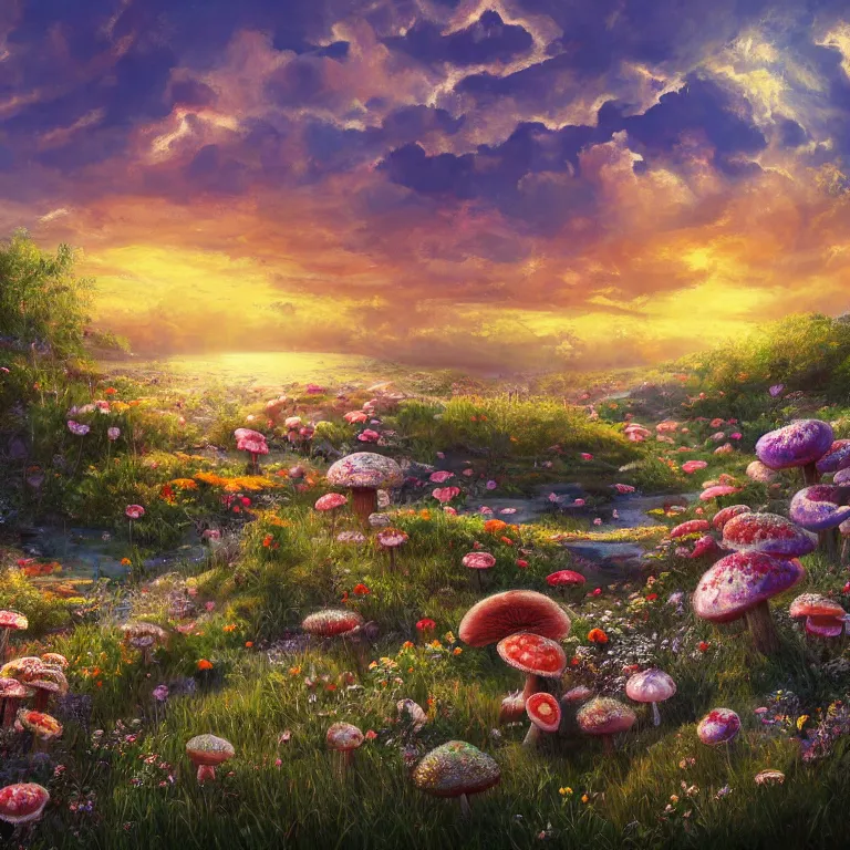 Image similar to a beautiful painting of every cloud has a silver lining, paradise, sunset, made from flowers and fungi, highly detailed, 8 k resolution, trending on artstation