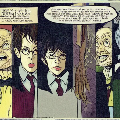 Image similar to in one frame Harry Potter talking in The Sandman comic, by Neil Gaiman, by Dave McKean, comics Sandman, small details, whole-length, clear faces