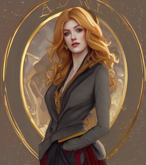 Image similar to katherine mcnamara wearing a golden dress, grey hair, red necktie, cinematic, stunning, highly detailed, digital painting, artstation, smooth, hard focus, full body shot, illustration, art by artgerm and greg rutkowski and alphonse mucha