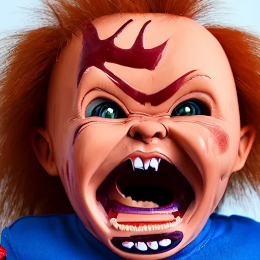 Prompt: chucky doll screaming at the dentist office while getting teeth cleaned