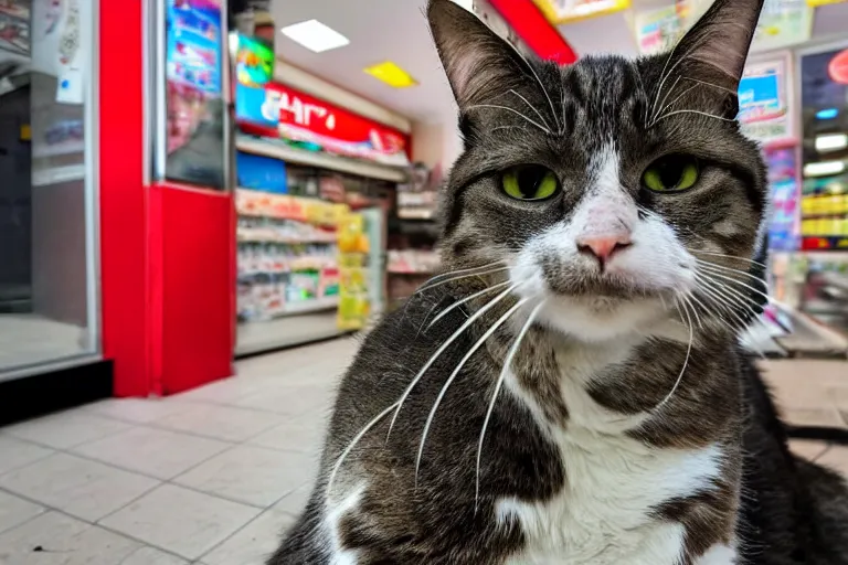 Prompt: cat with a cigarette in its mouth in 7 - eleven wide angle lens