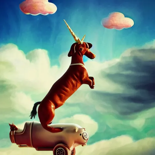 Image similar to sausage dog riding a unicorn, through the clouds on a postage stamp, artistic rendering, 4 k high rez, abstract design, artstation, ample lighting, dna, intense fantasy