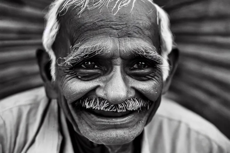 Prompt: still photo of an indian old man smiling at the camera on the street, black and white color aesthetic, highly detailed, photorealistic portrait, bright studio setting, studio lighting, crisp quality and light reflections, unreal engine 5 quality render