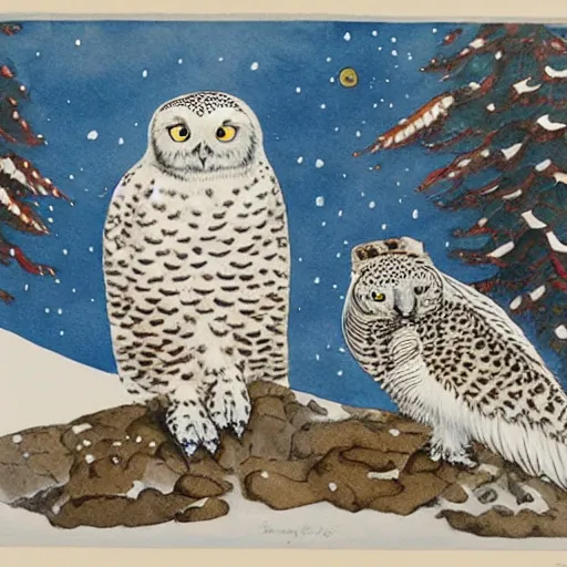 Image similar to snowy owl dancing with a snow leopard, Louis William Wain watercolor,