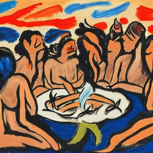 Image similar to hideous by kees van dongen kodachrome. drawing. a group of people gathered around a fire. they are all looking up at the night sky, where a bright star is shining