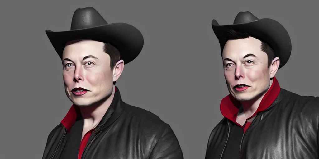 Prompt: 3d render of elon musk wearing a red cowboy hat, octane, 4k