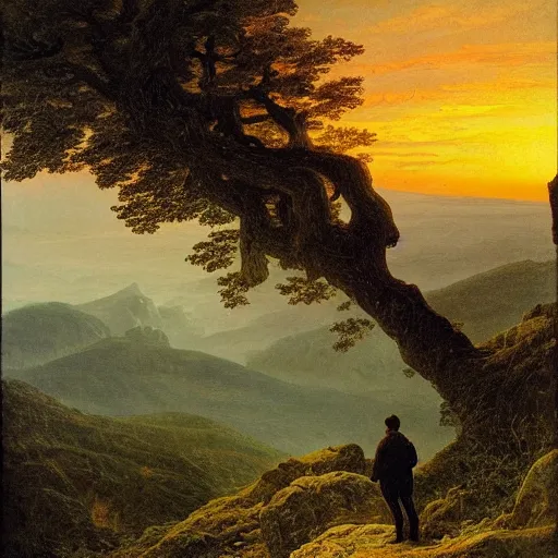 Image similar to a wanderer looking down from the peak of a mountain, distant valley, trees, sunset, dramatic light, oil painting, by caspar david friedrich