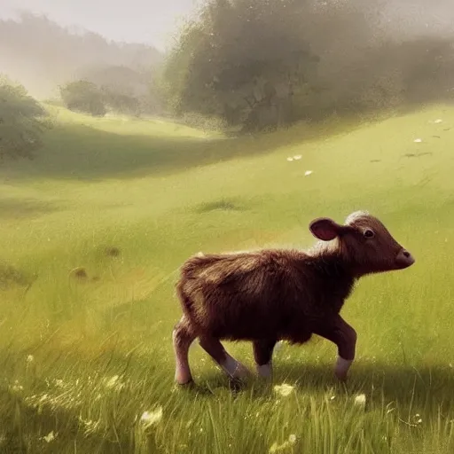 Image similar to beautiful concept art of a cute calf having the zoomies on a meadow by greg rutkowski