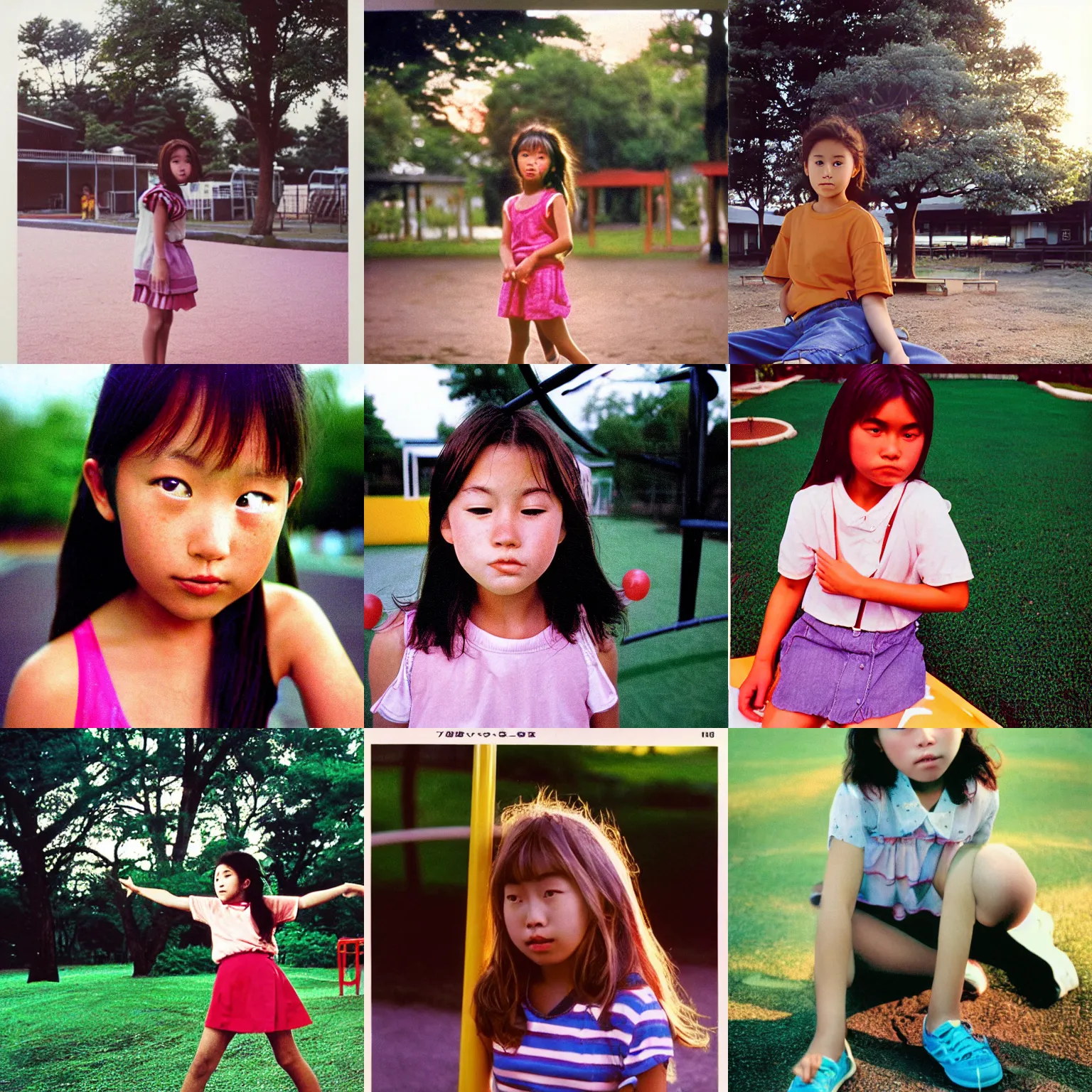 Prompt: A long-shot from front, color outdoor photograph portrait of a teen girl playing on the playground, summer, sunset lighting, 1990 photo from Japanese photograph Magazine.