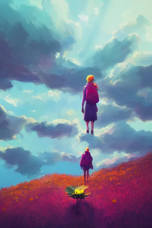 Image similar to giant daisy flower head, girl hiking in the mountains, surreal photography, sunrise, dramatic light, impressionist painting, colorful clouds, digital painting, artstation, simon stalenhag