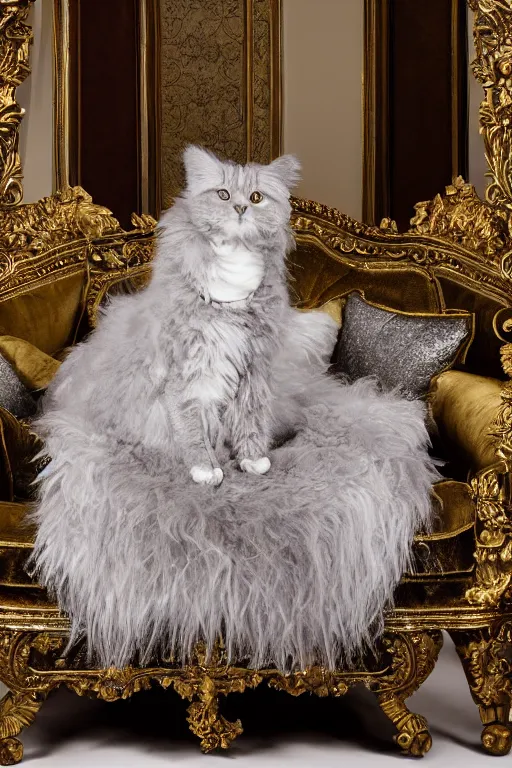 Image similar to a silver gelatin photo portrait of a royal cat, outrageously fluffy, on an embroidered velvet cushion on a neo - rococo gilded little bed, by david lachapelle, photorealistic, photography, wide shot