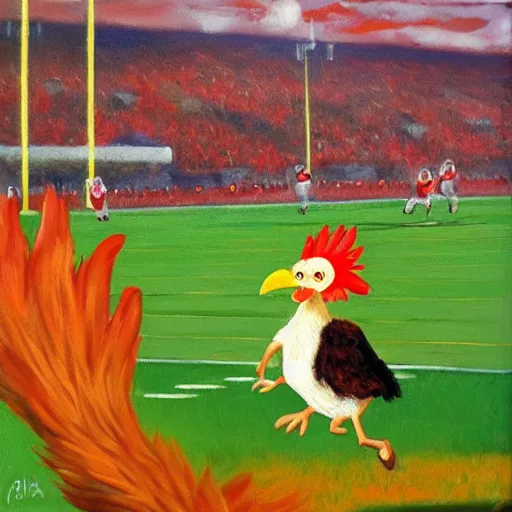 Prompt: the famous funky chicken runs across a football field, interrupting the big game, oil painting