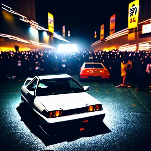 Image similar to a car JZX100 turbo drift at illegal car meet, Shibuya prefecture, midnight mist lights, cinematic color, photorealistic, highly detailed wheels, 200MM