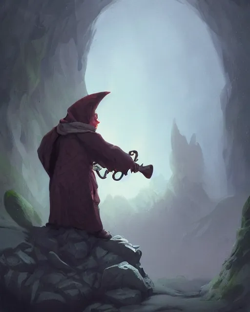 Prompt: male fantasy gnome spy, wearing a hooded cloak, playing a magical mandolin, shadowy figure by peter mohrbacher, artstation