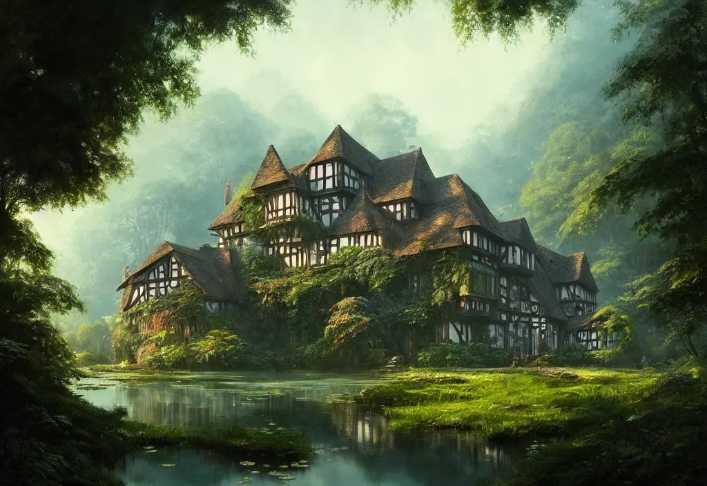 Prompt: a tudor house on a hillside surrounded by jungle with a pond, blue sky, cinematic view, detailed architecture, concept art, high detail, well lit, volumetric, godrays, vivid, trending on artstation, by jordan grimmer, art greg rutkowski