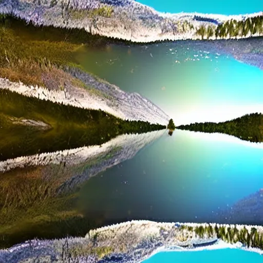 Image similar to an upside down mountain hanging over a lake, distorted, glitched, dramatic, cinematic, realistic, dark