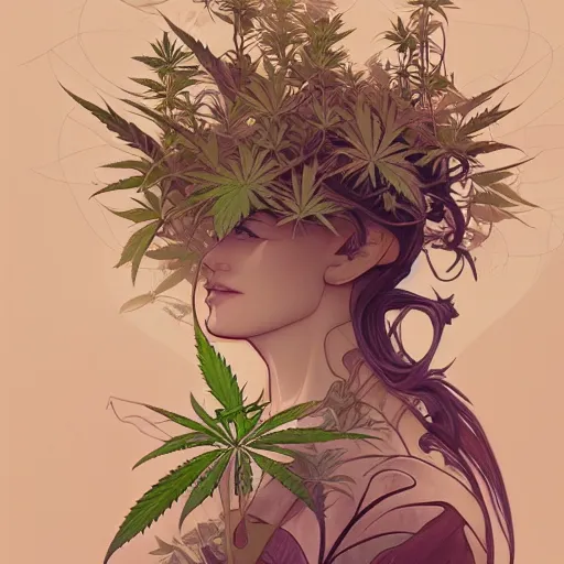 Image similar to a cannabis plant, bio vegetal concept art, by Peter Mohrbacher and Alphonse Mucha, chess, amazonia, detailed, style, 8k, trending on artstation, unreal engine 4k, detailed, clean background trending, full shot, symmetrical portrait, sophisticated, Unreal engine, dystopia, anti-utopia, post processing, psychadelic