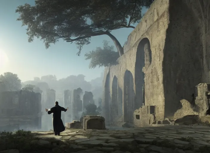 Image similar to a land of ruins of lost civilization with a distant fort in the middle, pure gold pillars, water tunnels below and a magical time gate to another dimension, a man wearing a white robe standing watching over, dramatic lighting, dawn, by caspar david friedrich, unreal engine 5