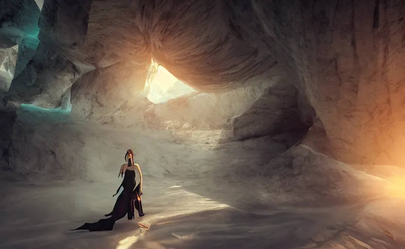 Image similar to Himalayan in an ice temple, beautiful flowing fabric, sunset, dramatic angle, dynamic pose, 8k hdr pixiv dslr photo by Makoto Shinkai ilya kuvshinov and Wojtek Fus