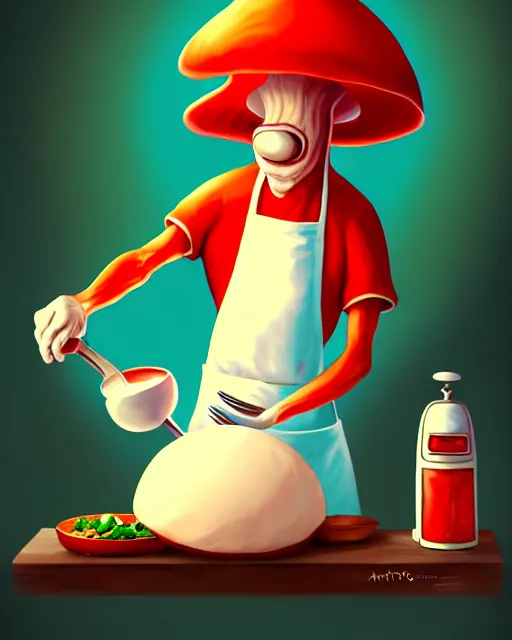 Image similar to an anthropomorphic mushroom chef cooking a meal, fantasy illustration, detailed digital painting, trending on artstation