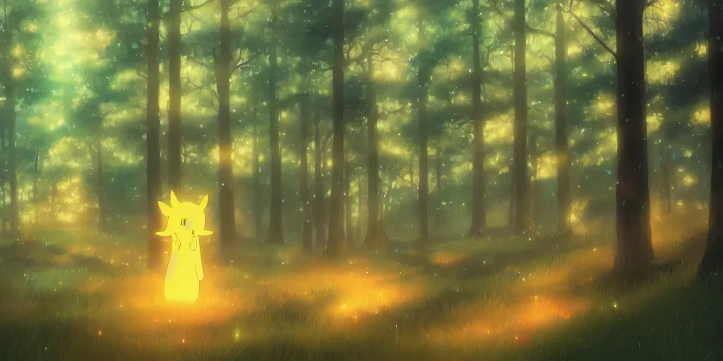 Image similar to a pine forest with glowing spirits, ultra high quality, 4 k, by miyazaki and makoto shinkai, anime screenshot, colorful, artstation, pixiv,