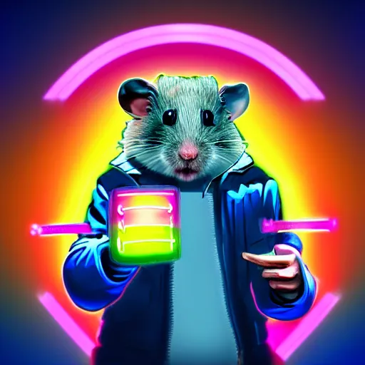 Image similar to cyberpunk hamster! holding rainbow! gem! crystal, neon lights, light reflection, 8 k, hd