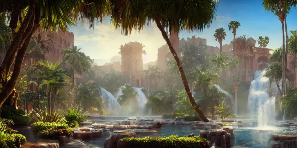 Image similar to beautiful oasis waterfalls surrounded by palm trees, moroccan tile archways, date trees, ivory towers, sun setting, ross tran, nephilim, pyroclastic flow, ethereal, fantasy, james jean, oozium, peter morbacher angelarium alchemy luxury heavenly light soft illumination, trending on artstation, cinematic lighting, digital painting, octane render, artgerm