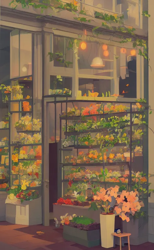 Image similar to cute cozy flower shop, surreal illustration, by atey ghailan and escher and edward hopper