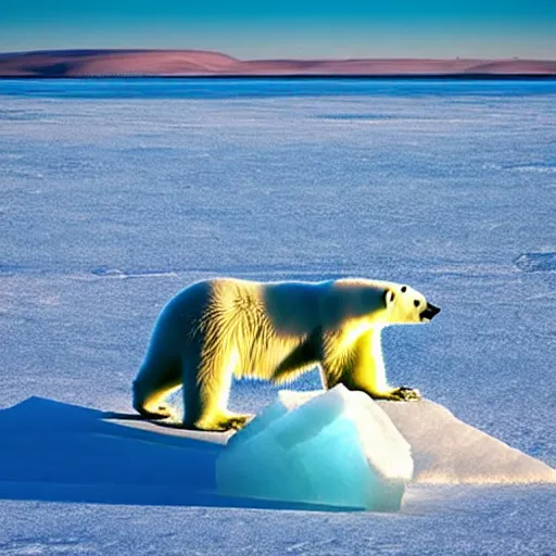 Prompt: a photo of a skinny polar bear beside a block of ice, on a tiny pacific island, beautiful desert island, national geographic