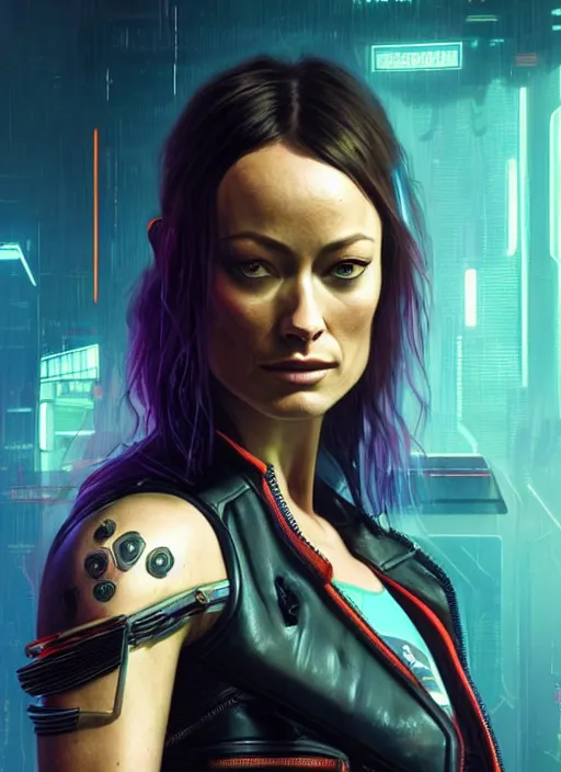 Prompt: portrait of Olivia Wilde as a drug addicted character in Cyberpunk 2077, looking at camera, intricate, dystopian, sci-fi, extremely detailed, digital painting, artstation, concept art, smooth, sharp focus, illustration, intimidating lighting, incredible art by artgerm and greg rutkowski and alphonse mucha and simon stalenhag