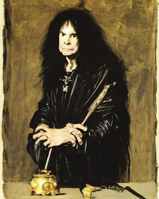 Image similar to Ozzy Osbourne as a royal courtly magician in the 17th century. Baroque portrait in the style of Caravaggio, William Merritt Chase, Goya.