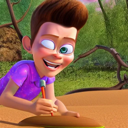 Prompt: jimmy neutron writing help me in the sand on a desert island