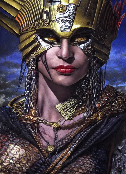 Image similar to dynamic! middle closeup chamber portrait of a biblical diabolical pirate female pharaoh, stylish leather armor, pirate ship! bright glowing eyes, in clouds, strong studio lights, thunder, storm, sunset, by gerald brom, by mikhail vrubel, by peter elson, muted colors, extreme detail, mirrors, trending on artstation, 8 k