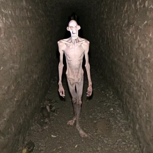 Image similar to creepy, incredibly tall, skinny and pale creature lurking in the catacombs and smiling at the camera captured on film camera