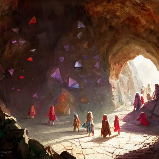 Prompt: medieval childs playing in a cave, there are colorful crystals on the ceiling and on the ground, by greg rutkowski, in the style of magic the gathering, 4k, very detailed