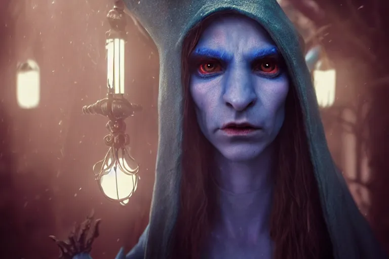 Image similar to an ultra realistic, cinematic, fantasy, portrait, of an evil blue skinned elf, elden ring, fairy lights, facial features, stood in a supermarket, with victorian clothing, detailed, deep focus, movie still, dramatic lighting, ray tracing, by michal karcz and yoshitaka amano