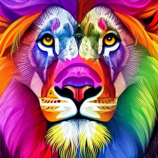 Image similar to a technicolor portrait of a lion in geometric kaleidoscopic colors trending on artstation 4 k intricate extremely detailed digital art