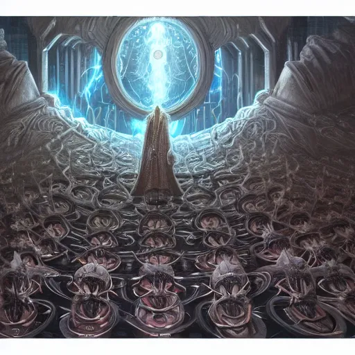 Image similar to a quantum computer, a dark cabal of multiple hooded elven mystics in long robes gathered in a circular formation around a quantum computer, highly advanced technology, dan seagrave, michael whelan art, beautifully detailed epic scifi fantasy art, symmetrical, cgsociety, artstation