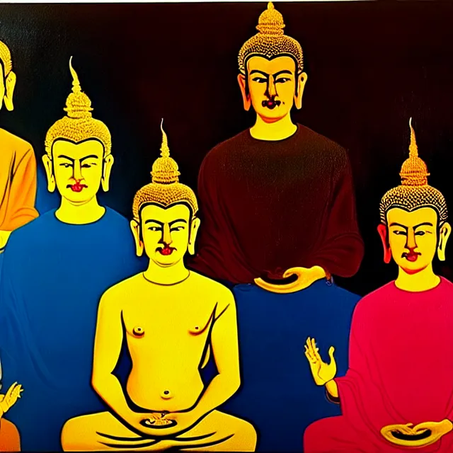 Image similar to a beautiful painting cyberpunk gold buddha the last supper, by andy warhol realistic oil painting