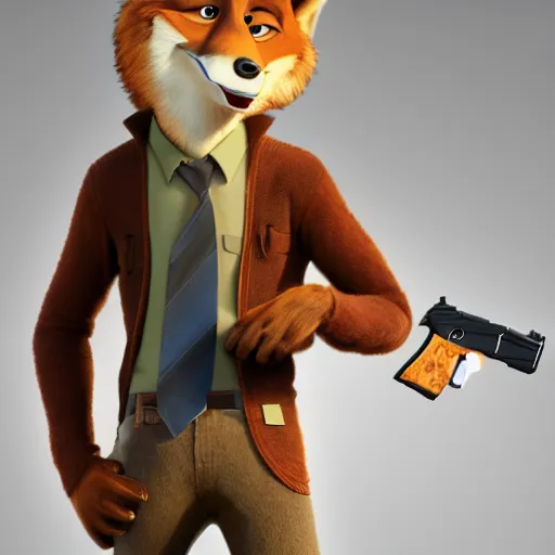 Prompt: portrait, 3 d render, anthropomorphic coyote male, wearing along brown leather maxi coat, holding a gun, in the style of zootopia