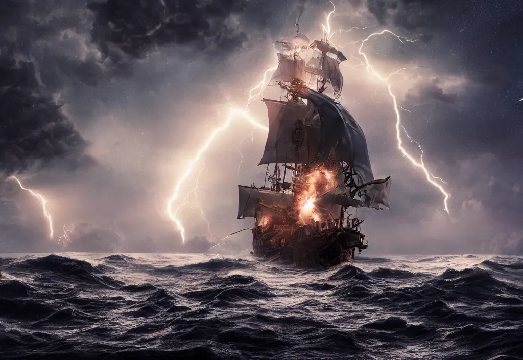 Image similar to photograph of a pirate ship traveling through sea of stars, breathtaking stars, thunderstorm lightning, interstellar, concept art, NASA, 4K, Detailed, HDR