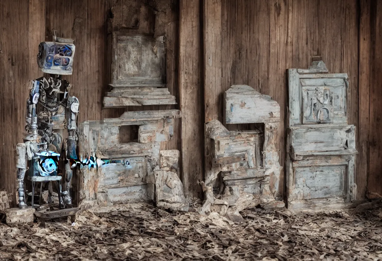 Image similar to A lonely robot sitting on a aged wooden rocking chair in front of a single beautiful fireplace in a dilapidated Victorian home