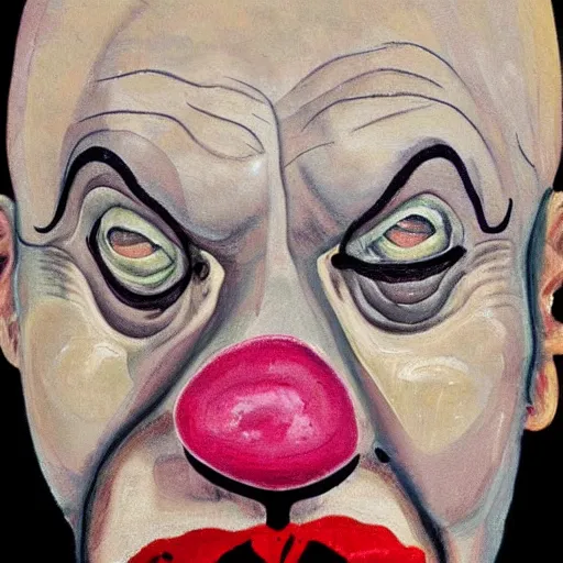 Image similar to a sweaty bald worried brow clown face in the style of lucien freud, painting, auction