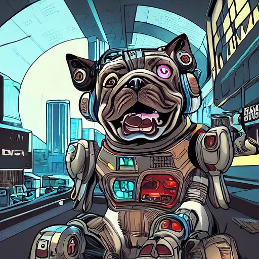 Prompt: « a comic styled cyborg bulldog sitting down, cyberpunk digital art by greg rutkowsky, illustration, sharp focus, highly detailed, future tech, sketchfab »