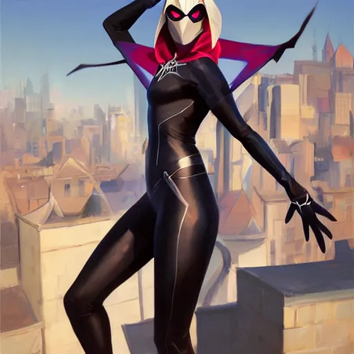 Image similar to greg manchess portrait painting of partially armored spidergwen as overwatch character, medium shot, asymmetrical, profile picture, organic painting, sunny day, matte painting, bold shapes, hard edges, street art, trending on artstation, by huang guangjian, gil elvgren, ruan jia, greg rutkowski, gaston bussiere